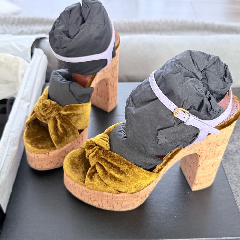 Yves Saint Laurent Gold Velvet Platform Heels